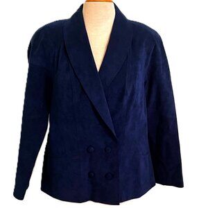 Vintage Ultrasuede Womens Blazer Jacket XL Dk Blue Double Breast Custom Tailored